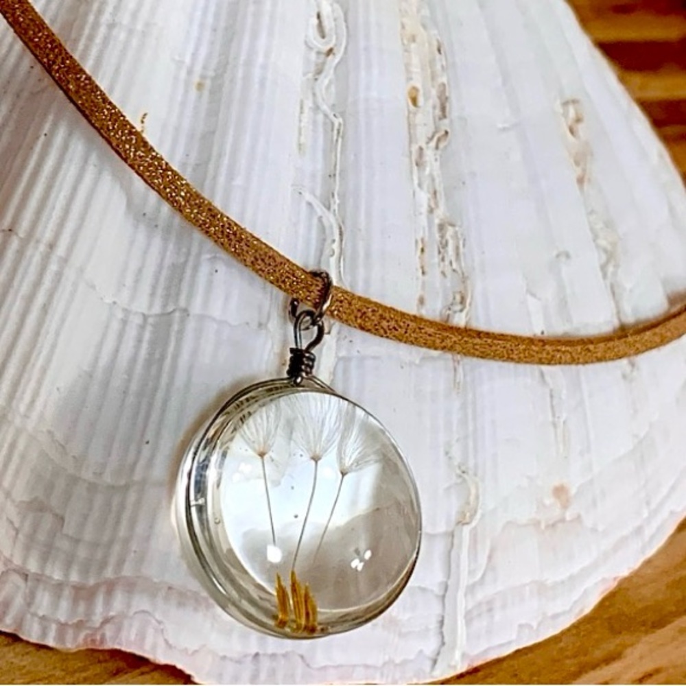 Boho Dandelion Seed Globe Suede Corded Necklace